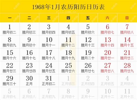 1968是什么年|1968年日历表,1968年农历表（阴历阳历节日对照表）